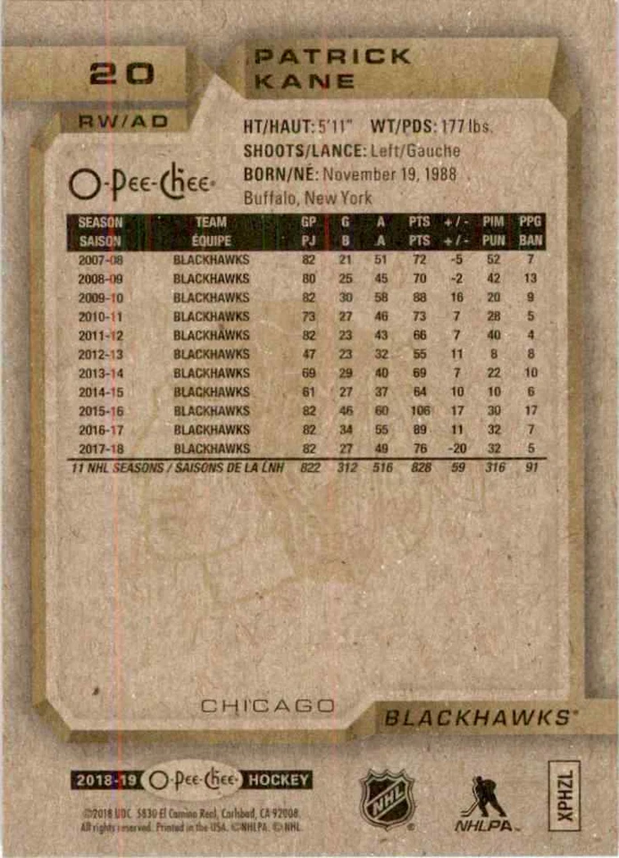 2018-19 O-Pee-Chee Patrick Kane #20 - Image 2 of 2
