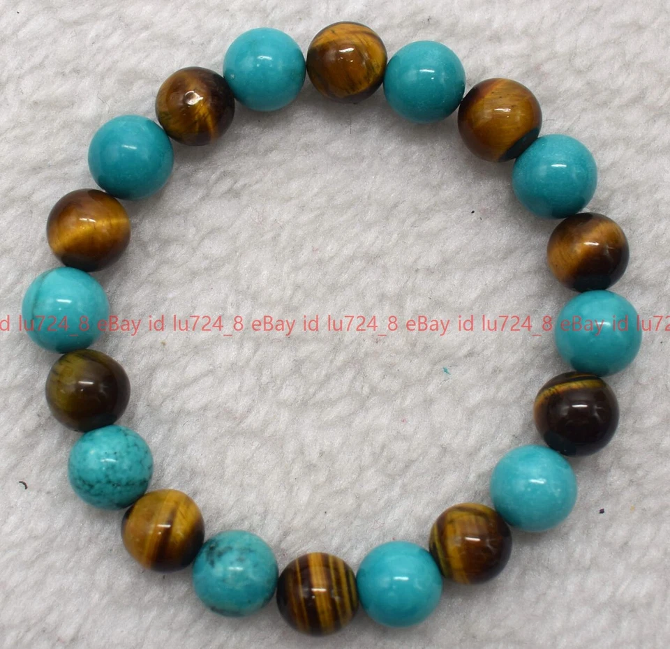 6-12mm Green Turquoise Yellow Tiger's Eye Round Gems Beads Elastic Bracelet 7.5" - Image 2 of 4