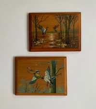 Vtg Duck Painting Ducks Mallard Marsh Original On Wood Plaque Pair By H. Loren