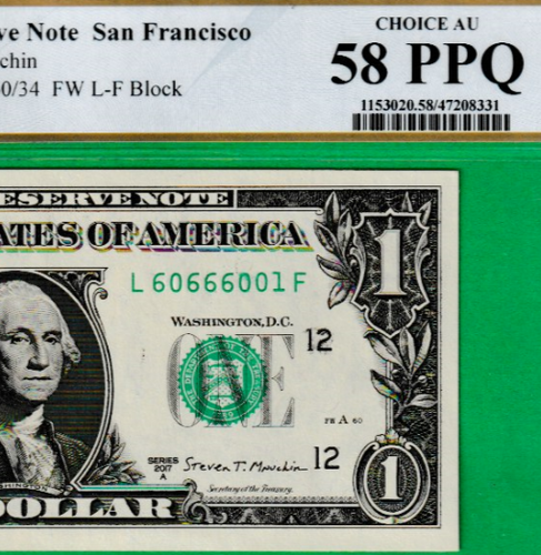 $1 Federal Reserve note FLIPPER FANCY Serial Numbers 60666001 PCGS