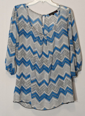 Women's ''Heart Soul Plus'' Teal/White Chevron, Sheer Chiffon Tunic; Size 1X