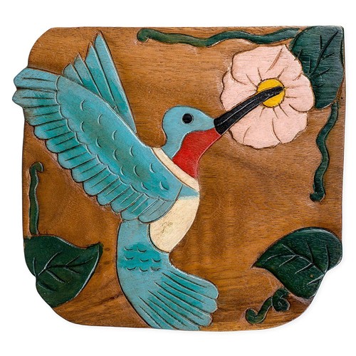 Hummingbird Design Hand Carved Acacia Hardwood Decorative Short Stool - Picture 3 of 4