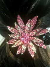 New Black With Pink Rose Crystal Floral 4'' x 2 1/2'' Alligator Slide Hair Clip