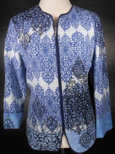 Beautiful Women's Size 8 Coldwater Creek Blue Floral Lined Zipper Blazer Jacket