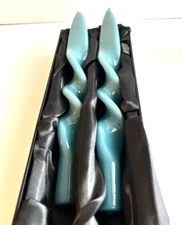 Italian Lacquered Taper Teal Blue Candle Set Pair Spiral New in Box Pair 11"