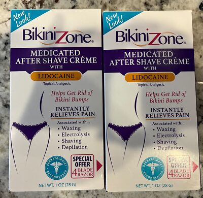 BIKINI ZONE MEDICATED AFTER SHAVE CREME LIDOCANE TOPICAL ANALGESIC 1 OZ. - 2 PAC