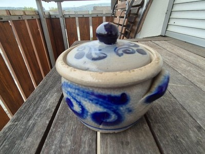 alter Schmalztopf, Keramik,kobaltblau,Salzglasur,vintage salt glazed pottery jar
