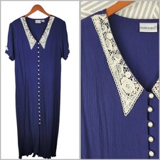 Vtg 80s Shirt Dress Plus 18/20 1X 2X Midi Grunge Lace Up Collar Alt Navy Blue