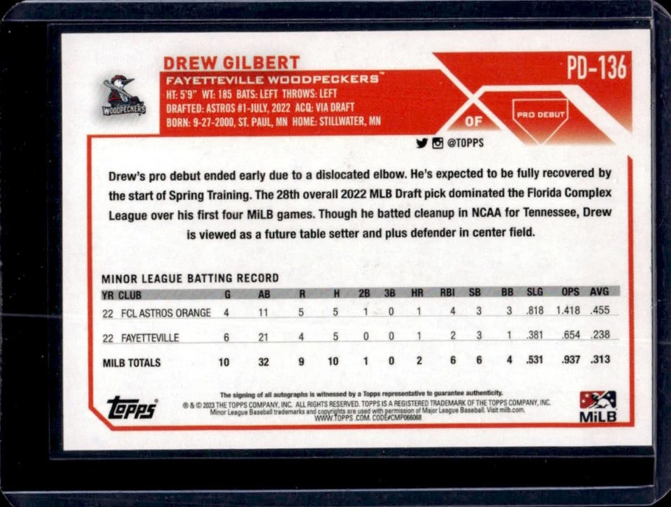 2023 Topps Pro Debut Drew Gilbert Auto #PD-136 - Image 2 of 2