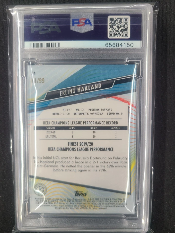 2020 Topps Finest UCL Erling Haaland Neon Green Refractor #24 PSA 9 Mint /99 - Image 2 of 2