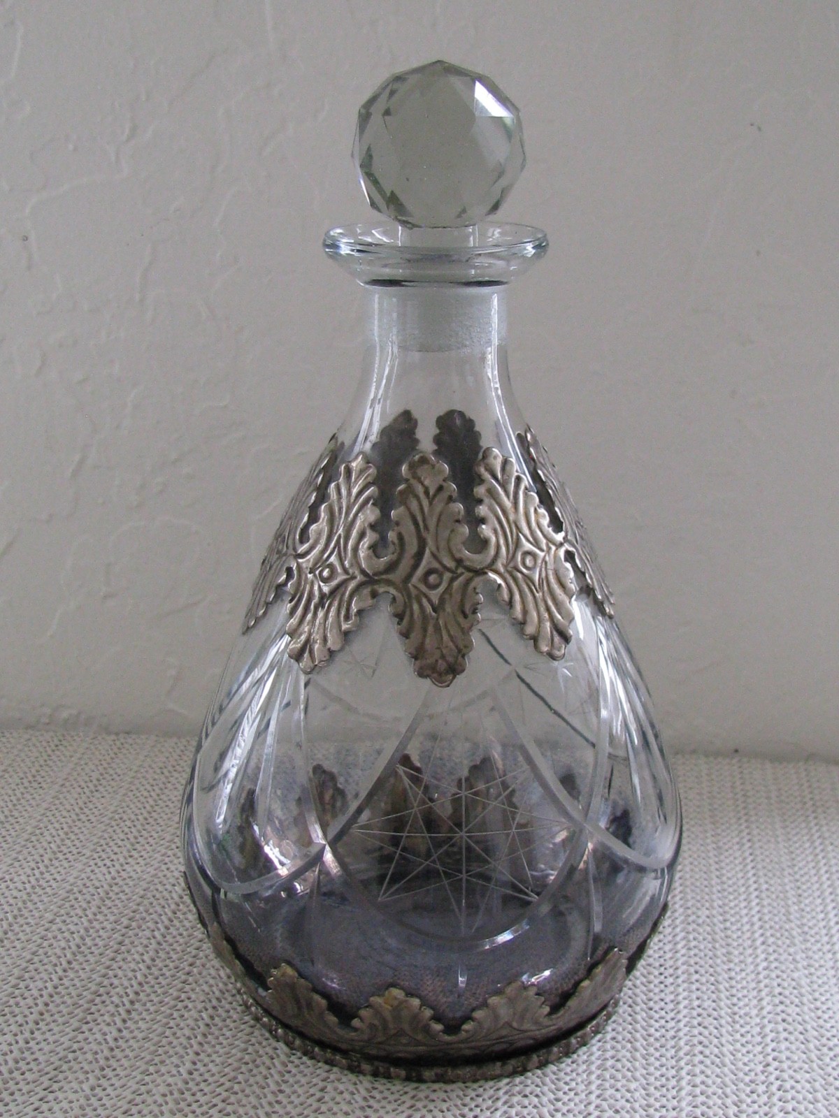 Vintage German Cut Glass Decanter 1900s Art Deco Metal Silver Overlay