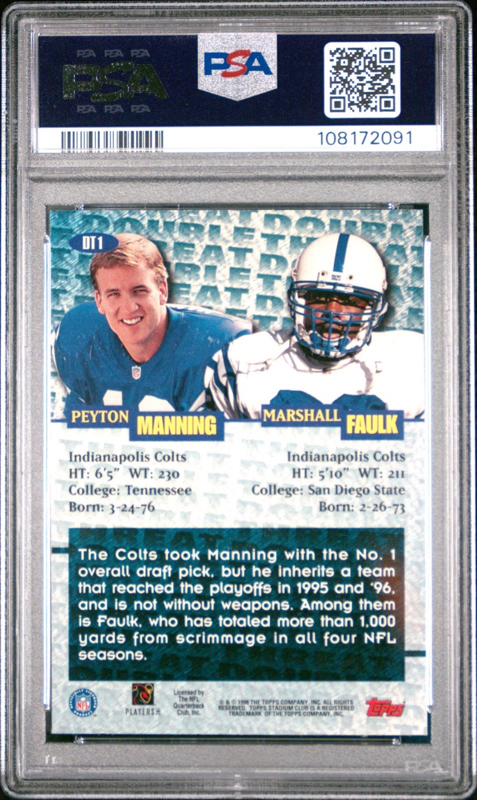 1998 Topps Stadium Club Double Threat Peyton Manning Marshall Faulk PSA 9 Rookie view 2