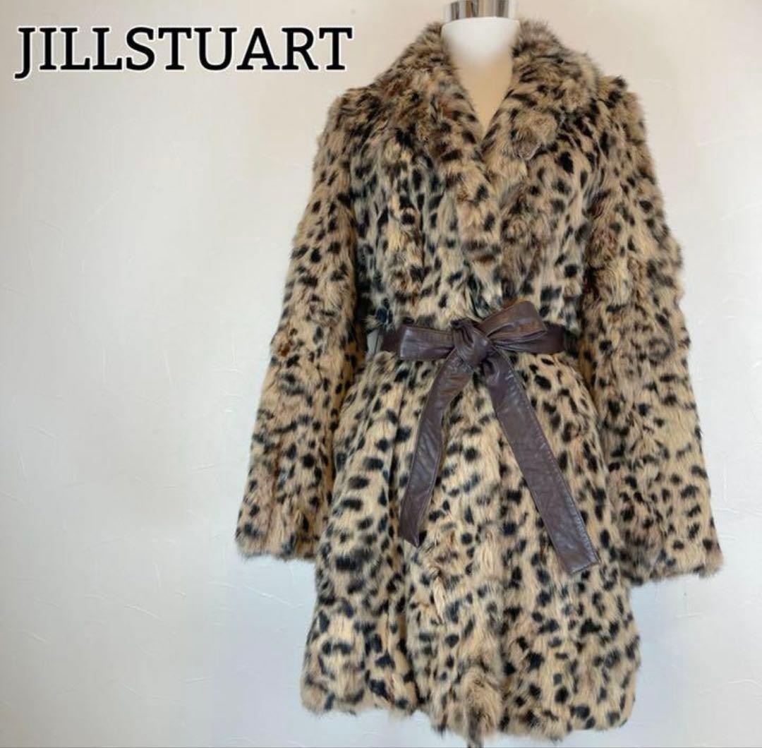 JILL STUART Real Rabbit Fur Coat Leopard Print Belted Mid-Length Size S Japan