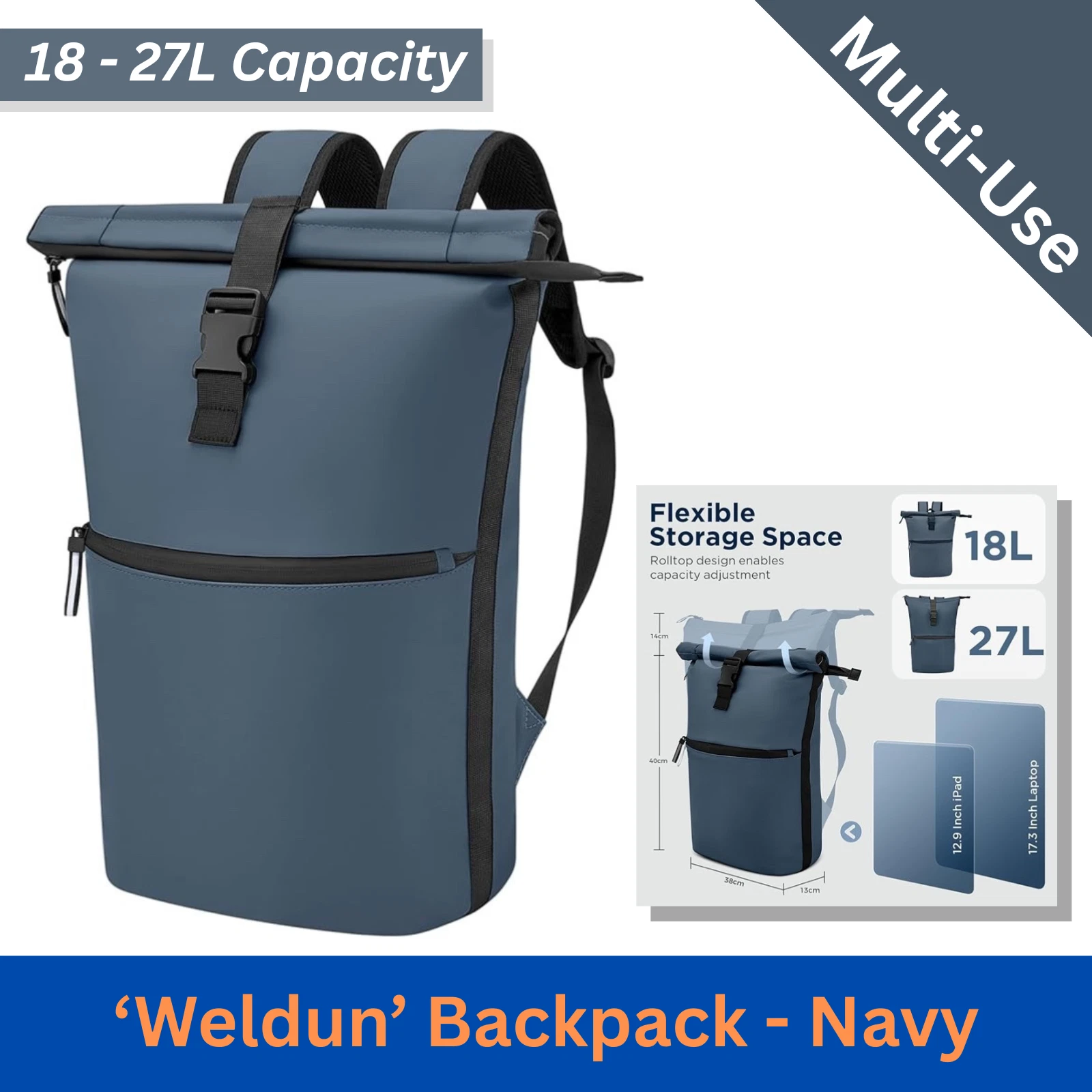 WELDUN 18-27L 17.3” Laptop Roll Top Backpack Waterproof Travel Storage Bag NAVY
Opens in a new windo