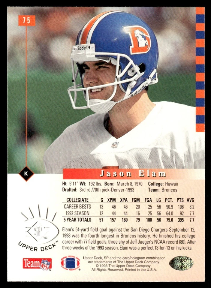 1993 SP Jason Elam Rookie Denver Broncos #75 - Image 2 of 2