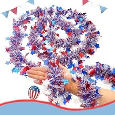 4th of July Sequin Star Garland, Red White Blue Metallic Tinsel Twist 20Ft