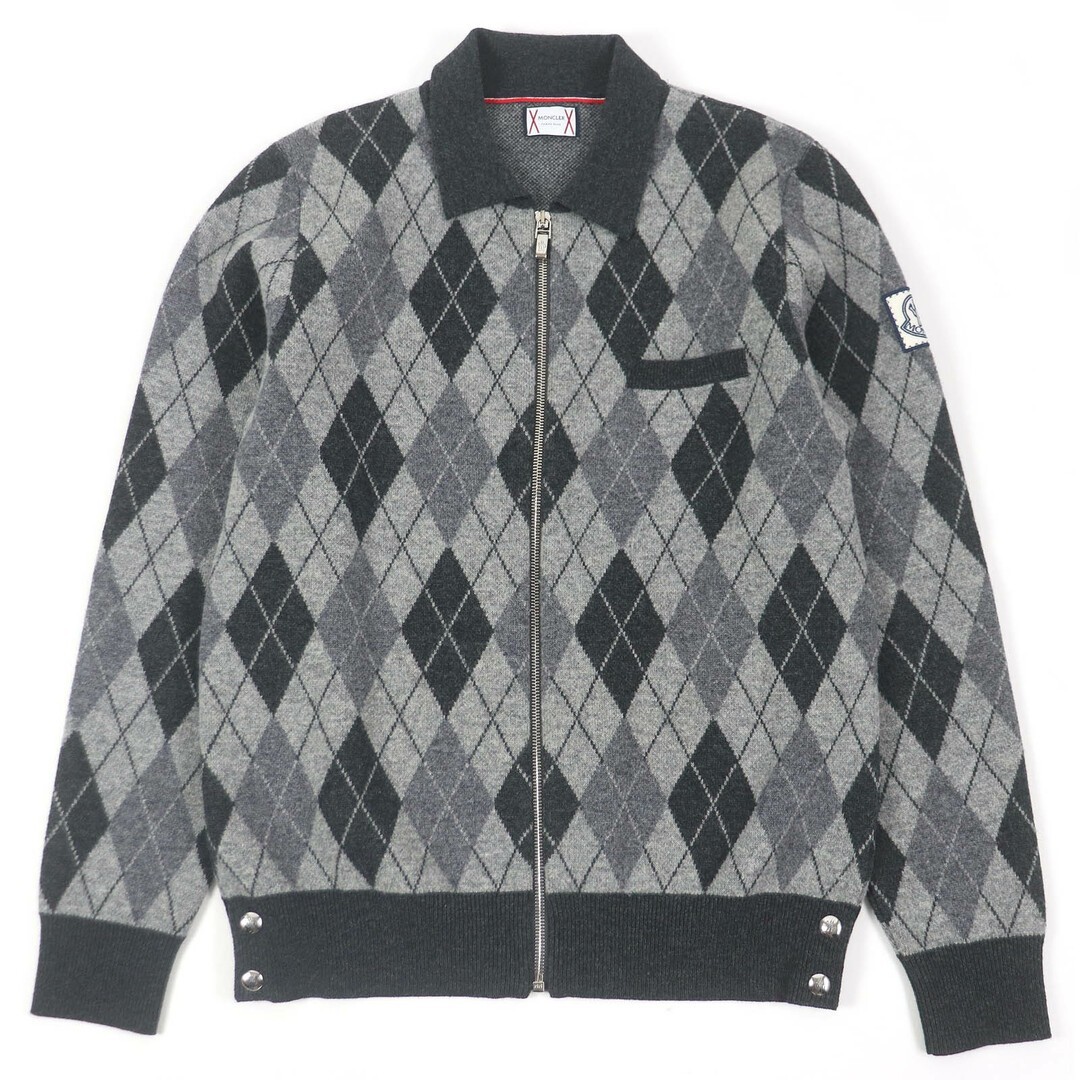 MONCLER GAMME BLEU Argyle Logo Patch 100% Wool Knit Jacket Preowned Good Condition