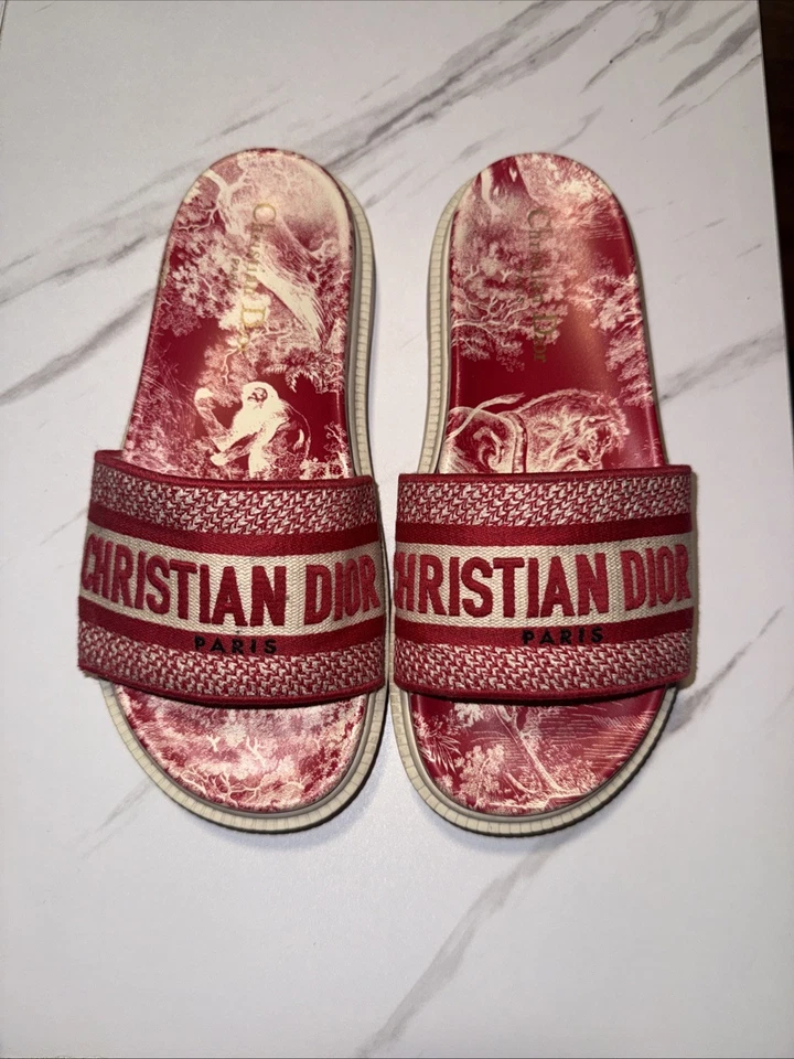 Sandalia Plana Christian Dior Dway Rojo Logo Toile De Jouy Plataforma Slide Mule 37 Foto 2 de 3