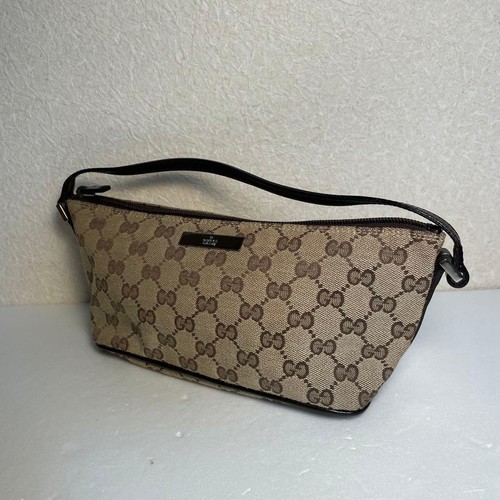 GUCCI Accessory Pouch GG Canvas Leather Black Mini Handbag Shoulder Bag Gold