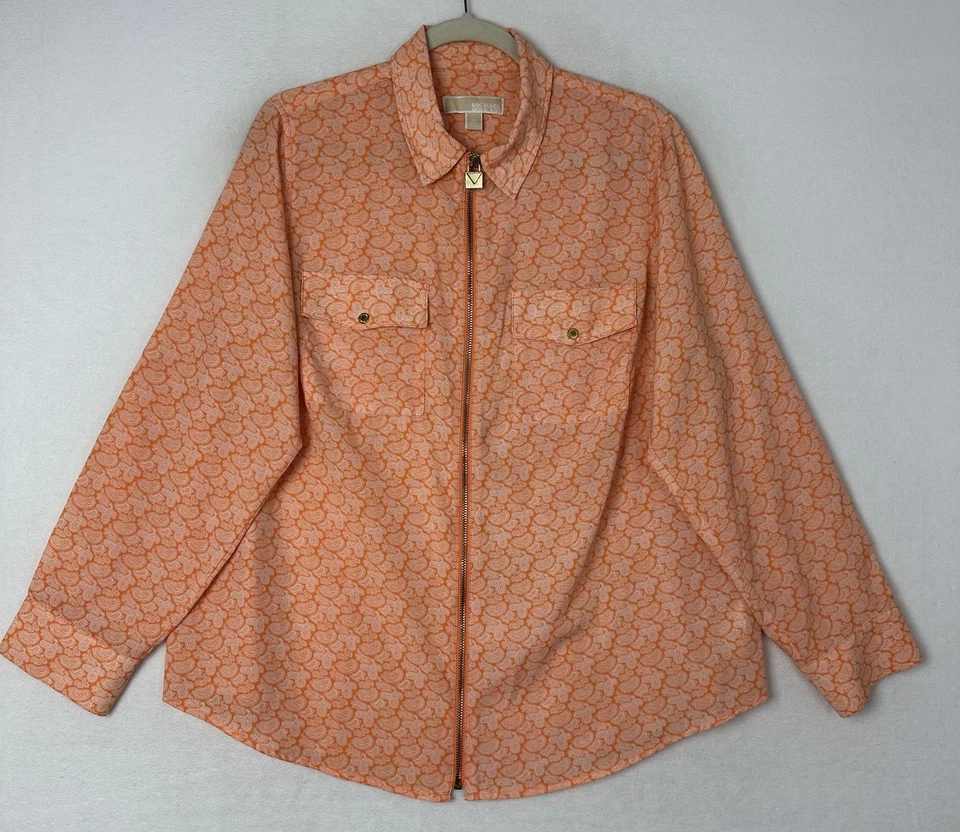 Blusa feminina Michael Kors laranja manga aba rolo paisley com zíper sedoso tamanho 1X - Imagem 3 de 4