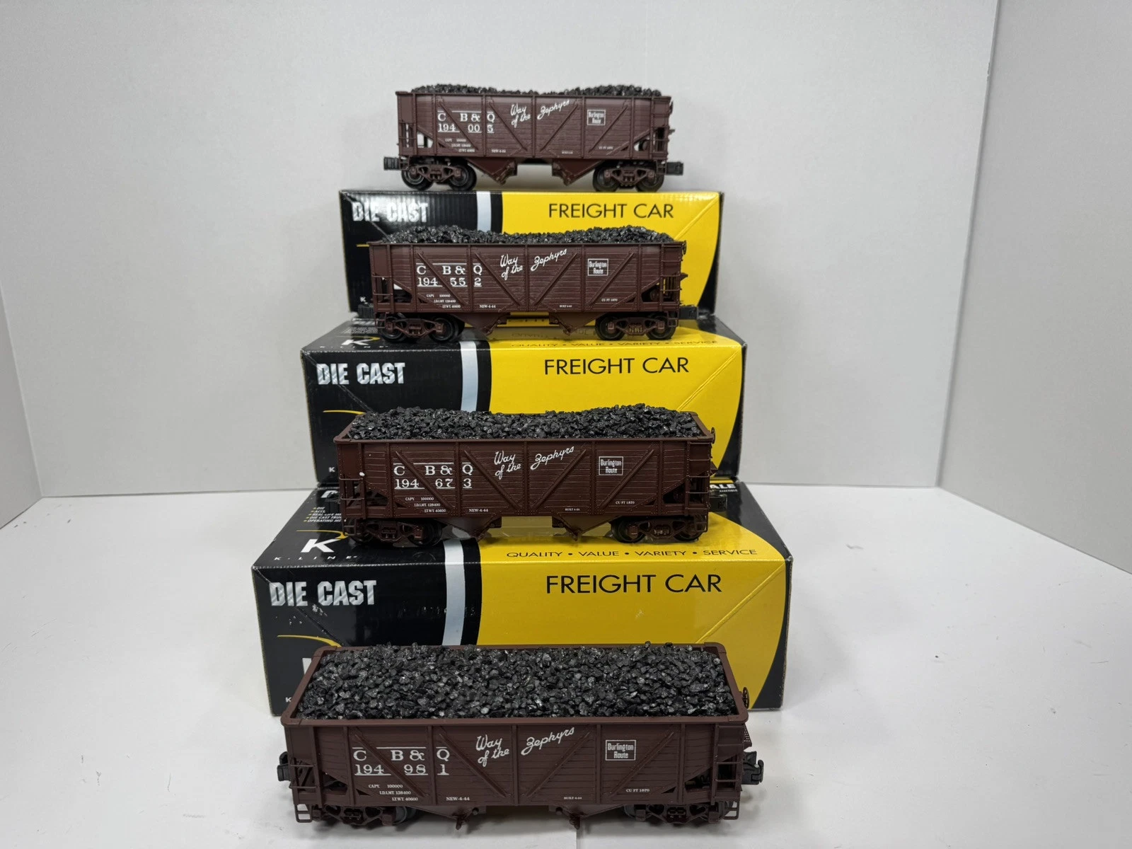  conjunto de tremonha fundida k-line cb&q burlington 2 compartimentos 4 carros ex 
