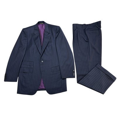 Dormeuil Amadeus Bespoke Suit Mens 42L Blue Purple Striped 2 Button Wool/Silk