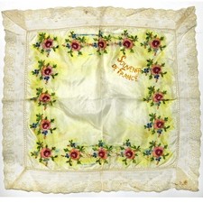 Antique Vintage French Silk Lace Handkerchief Hand Embroidery Flowers France