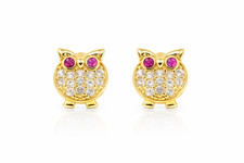 14k Solid Yellow or White Gold Owl Screw Back Stud Earrings with CZ