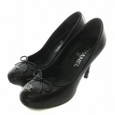 CHANEL Pumps Leather Round Toe with Ribbon and Coco Mark Size US 6.5 Black Women