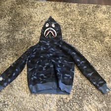 A Bathing Ape Shark Camo Full Zip Hoodie Blue Black Men's Size L Cotton Fleece