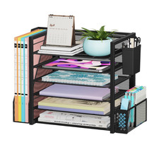 6 Tier Desk File Organizer Paper Letter Tray with Holder and Pen Container Black