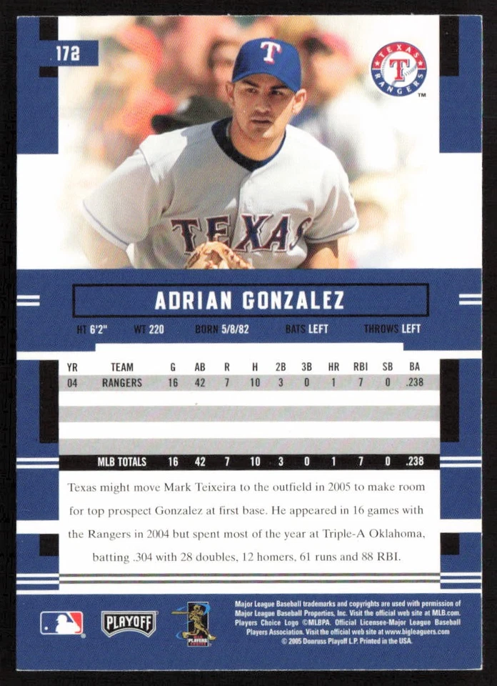 2005 Playoff Prestige Adrian Gonzalez #172 Texas Rangers - Image 2 of 2