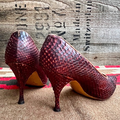 VINTAGE 1950S RUSSET SNAKESKIN POINTY STILETTO PUMPS, TIFFANY SHOES, NYC,7B,SEXY - Picture 4 of 24