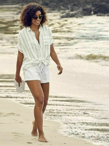 Athleta Anguilla Button up Linen Shirt,Sea Salt/ Meteor Blue SIZE M #405694 N082 - Picture 1 of 5