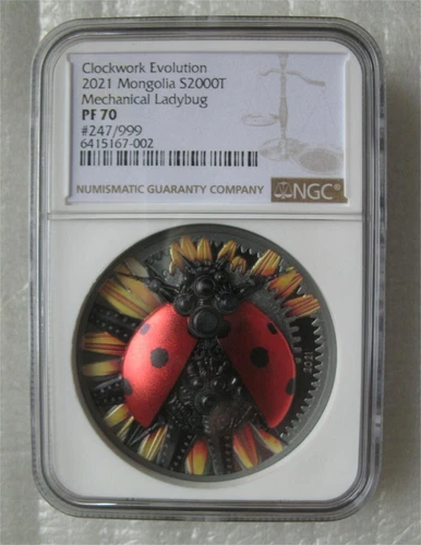 Mongolia 2000 Tugrik 2021 Silver 3Oz Coin Clockwork Mechanical Ladybug NGC PF70