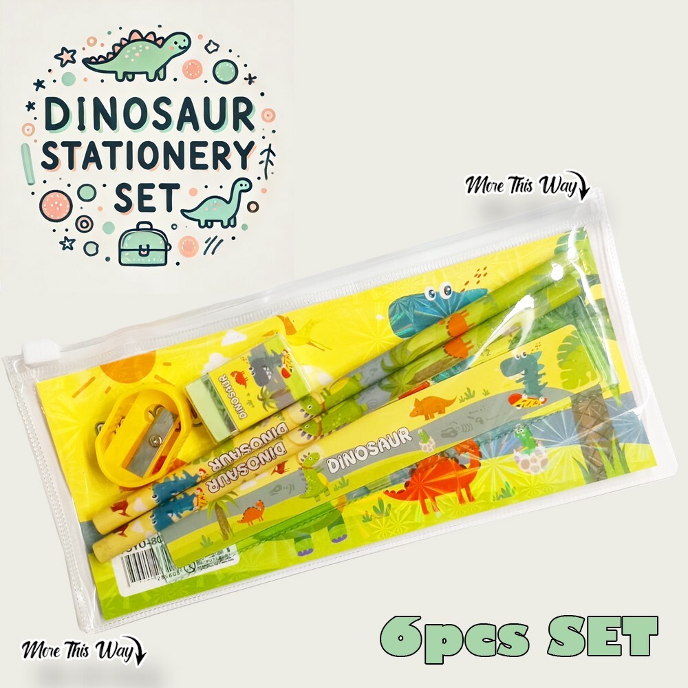 6pcs Dinosaur Themed Stationery Set - With Clear Pencil Case