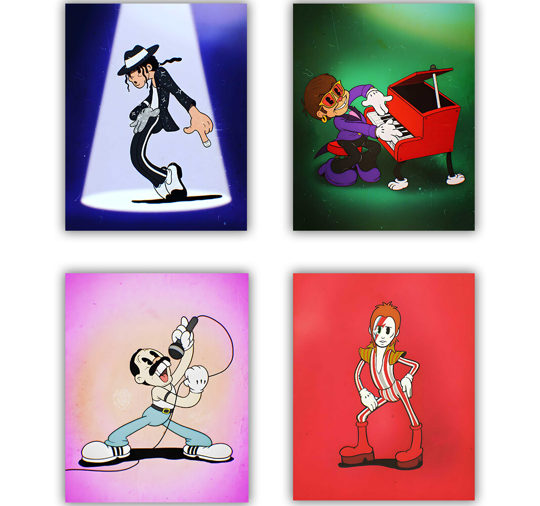 1930s Style Cartoon Pop Singers Set of 4 Unframed Art Prints Wall