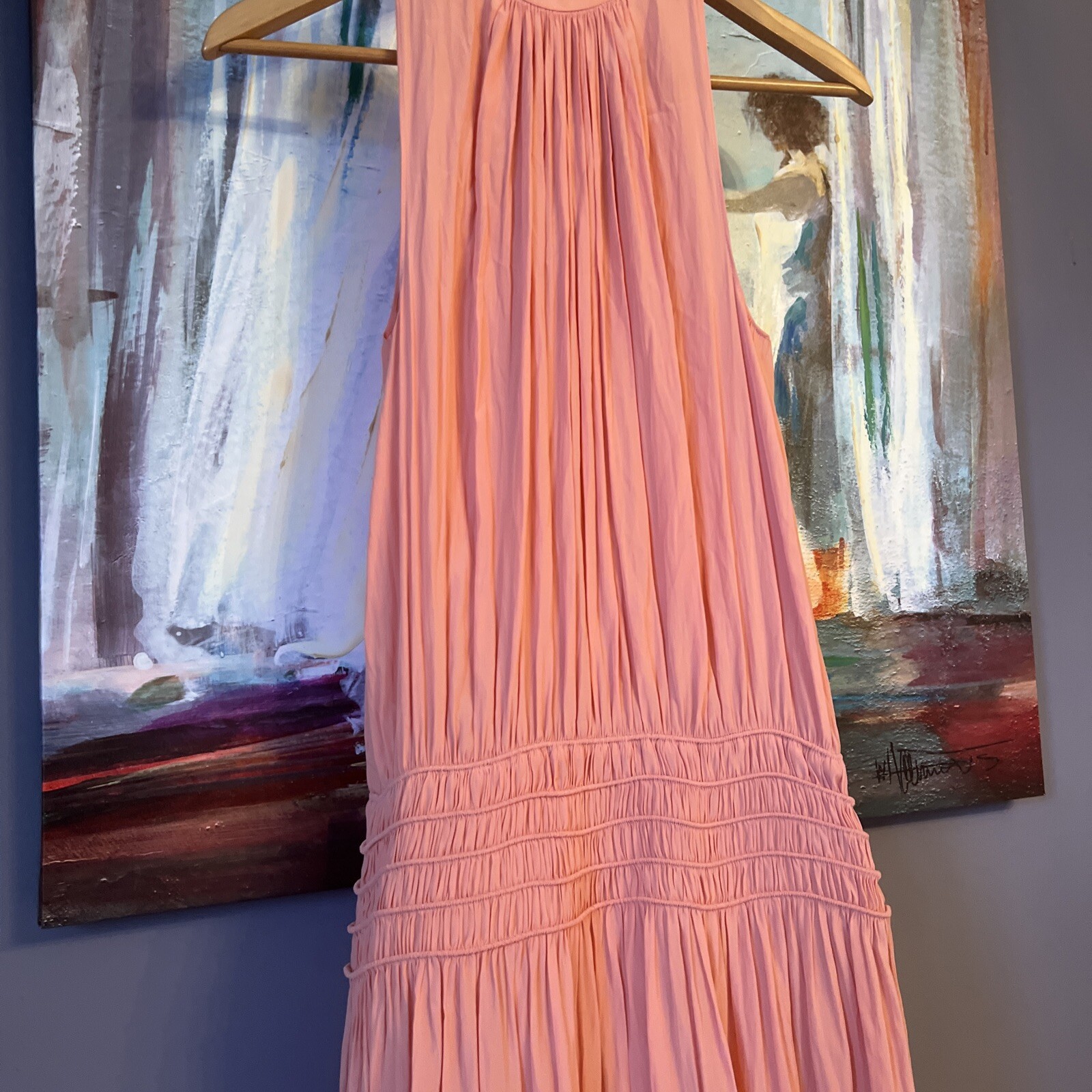 Ramy Brook Audrey Sz S-M Sleeveless Midi Peach Dress Smocked Cinched Waist thumbnail 3