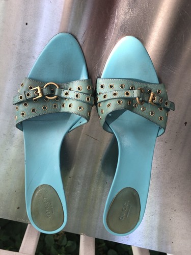 Gucci Sandals Heels Slides Size 8.5 Metal Accents turquoise blue Leather |  eBay
