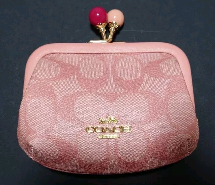 COACH Pink Signature Logo Purse Coin Case Kiss Lock Rare New