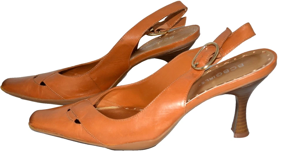 BCBGirls Caramel Leather Square Toe Adjustable Straps Slingback Heels Size 7.5M - Image 4 of 4