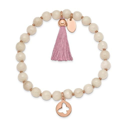 Stainless Steel Polished Rose IP Butterfly Pink Agate Beaded Stretch Bracelet - Picture 2 of 3