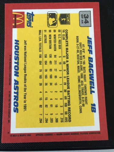 1992 TOPPS McDONALD's BASEBALL's BEST # 34 JEFF BAGWELL ,HOUSTON ASTROS - Picture 2 of 2