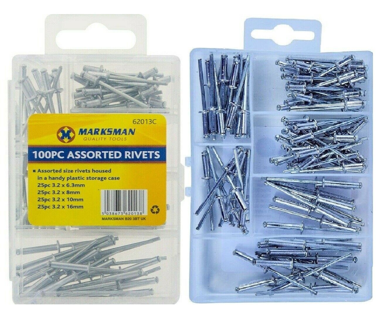 100pc Assorted Sized Rivets Hand Air Pop Blind Blind Head Steel Shank Aluminium
