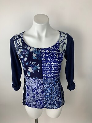 One September Anthropologie Blue Bird Floral Mixed Print Blouse Top Petite