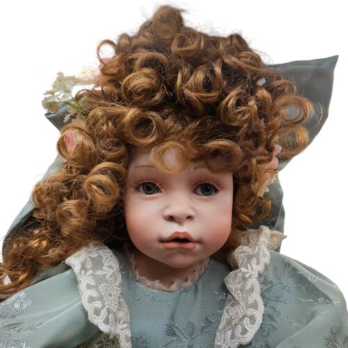 Vtg Porcelain Doll 2003 Pamela Erff #96/500 28" Brown Curly Hair Sage Green - Picture 2 of 12