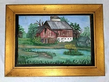 Vtg Antique Original Primitive Painting Farm Boat Pond Barn Trees 20" by 15"