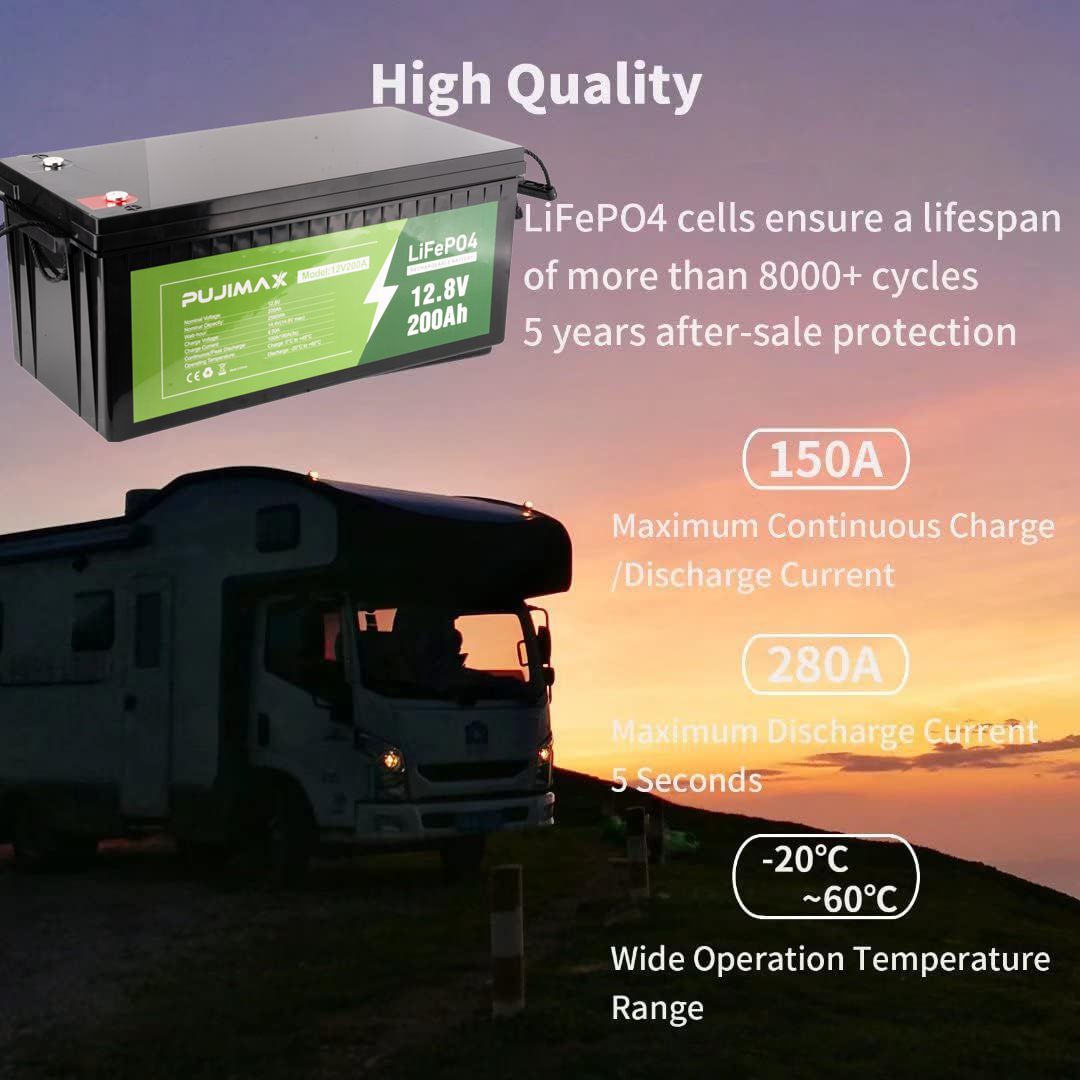 PUJIMAX 200Ah 12V For Marine LiFePO4 Lithium Rechargeable Battery Deep Cycle BMS