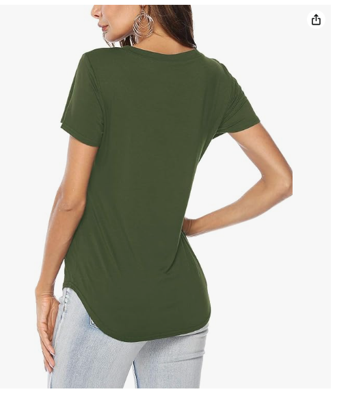 Amoretu Women's Soft V-Neck Basic Tee – Breathable Rayon Top, Loose Fit & Curved Hem For Everyday Comfort (Green, Short Sleeve)