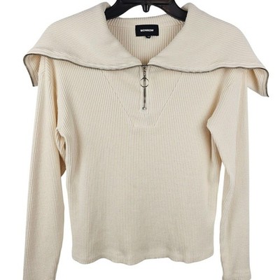 MONROW Ribbed Half Zip Pullover Women S Cream Oversized Collar Supima Modal USA
